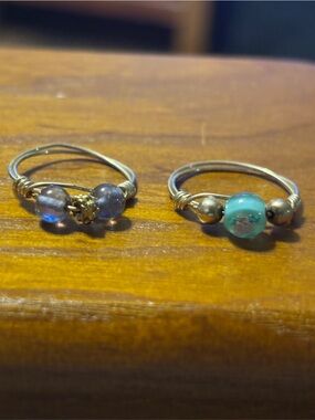 Artisan Wire Wrap Ring Turquoise With Pink Rose and Purple Gray Domed Ring
